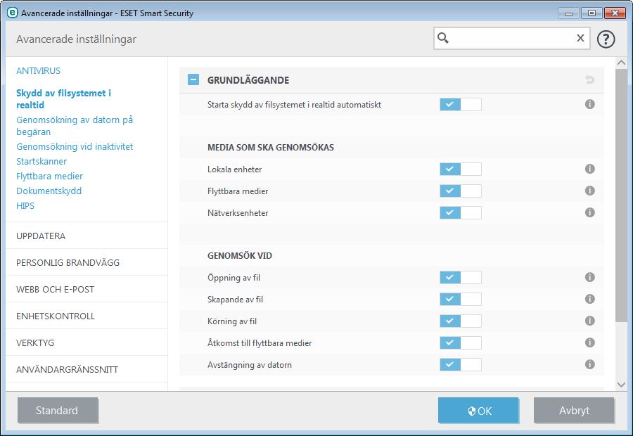 4.1.1.1 Skydd av filsystemet i realtid Skydd av filsystemet i realtid kontrollerar alla antivirusrelaterade händelser i systemet.