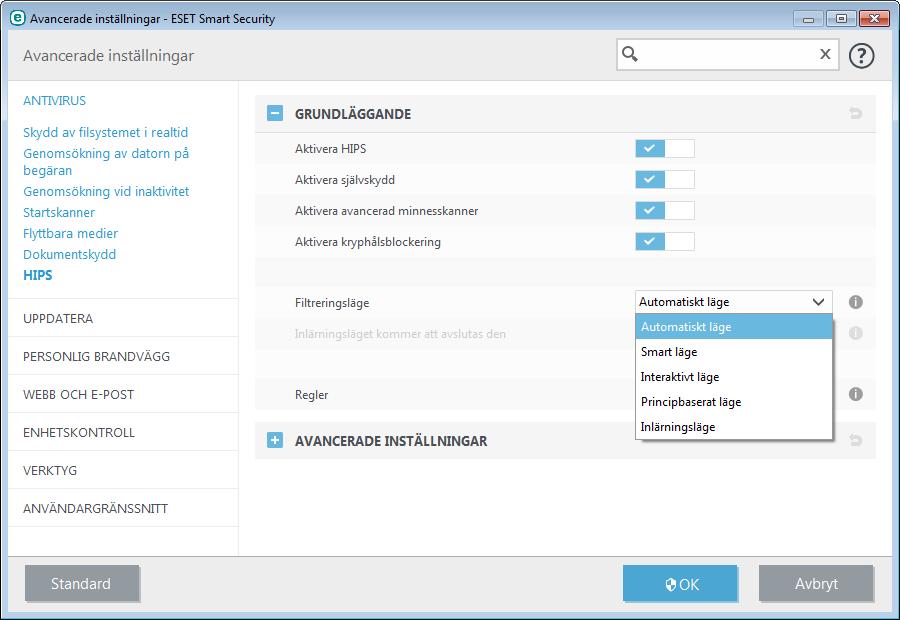 4.1.4 Självskyddet HIPS (Host Intrusion Prevention System) Endast en erfaren användare bör ändra inställningarna för HIPS.