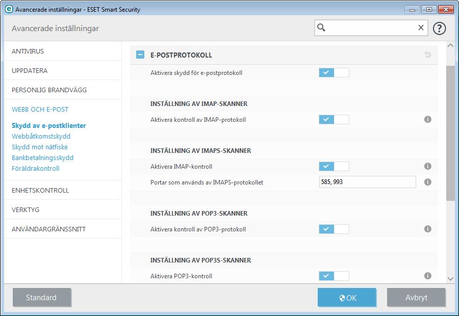 4.2.2.3 Varningar och meddelanden Skydd av e-post gör det möjligt att kontrollera e-postkommunikation som sker med POP3- och IMAP-protokollen.