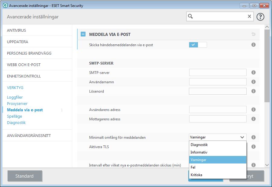 4.6.1.12 Meddela via e-post ESET Smart Security kan skicka meddelanden via e-post automatiskt om en händelse med vald detaljnivå inträffar.