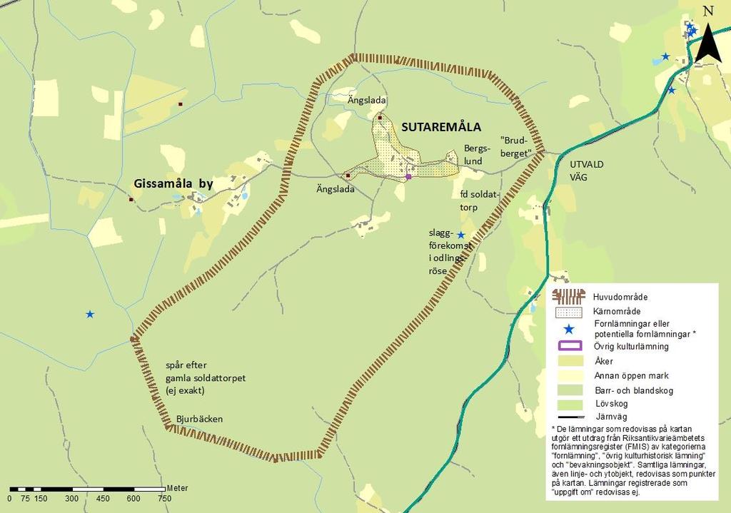 SUTAREMÅLA Klass 2 Skogslandets jordbruk: Helheten med bebyggelsen samlad på ett ålderdomligt sätt i en klunga vid den krokiga vägen, ladugårdar i skiftesverk, timrad bod av 1700-talstyp,