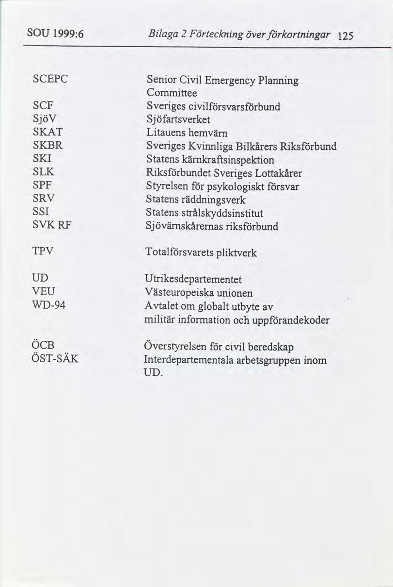 SOU 1999:6 Blaga 2 Förtecknng kortnngar över 125 SCEPC Senor Cvl Emergency Plannng Commttee SCF Sverges cvlsvarsbund SjöV Sjöfartsverket SKAT Ltauens hemvärn SKBR Sverges Kvnnlga Blkårers Rksbund SKI