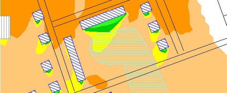 Orangefärg visar Leq > 55 dba Figur 3 Inzoomad bild av beräkning av maximal ljudnivå (våning 1). Norra del av detaljplan.