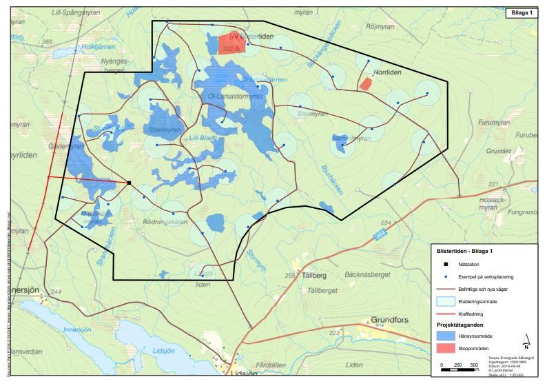 Figur 4: Exempellayout vindpark Blisterliden med ändring till fasta verkspositioner med etableringsytor kring varje verk inkl preliminärt vägsystem.