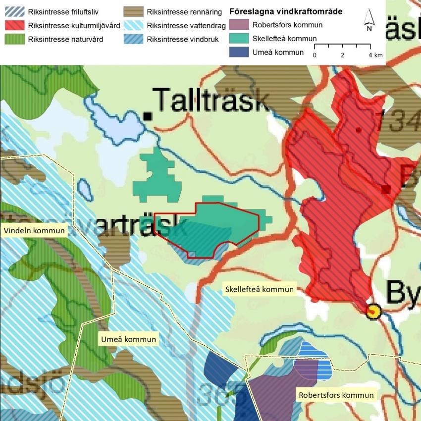 Figur 5: Det ursprungliga projektområdet för vindpark Blisterliden i förhållande till kommunernas vindkraftsplaner samt riksintressen i området (Karta från samrådsunderlag 2014).