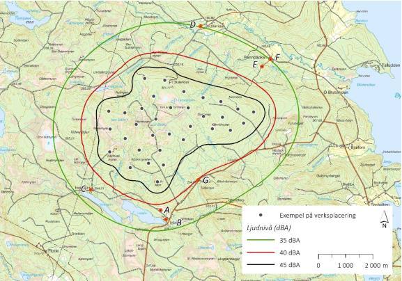 Av beräkningen framgår att ljudnivån inte kommer att överskrida villkoret om 40 db(a). Ljudnivån vid samtliga bostäder är lägre än i tillståndsansökan 2015, se Figur 7.