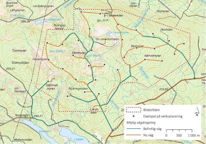 Figur 1b: Exempellayout i ansökan/mkb år 2015 för vindpark Blisterliden (Karta från miljökonsekvensbeskrivning 2015) 2.