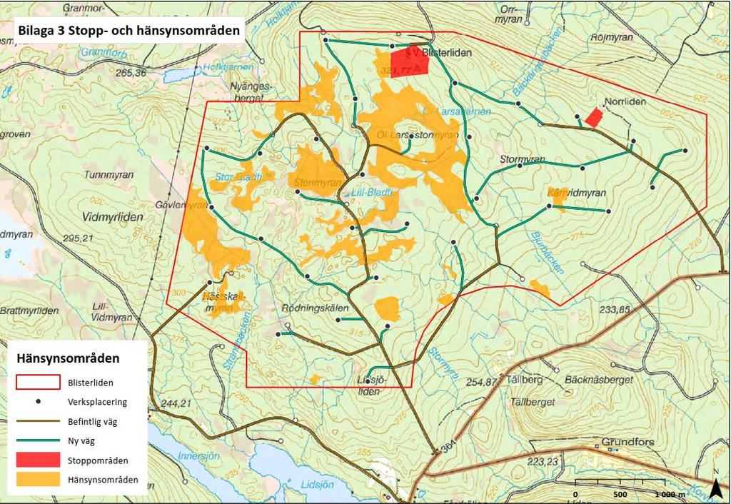 Figur 3: Exempellayout vindpark Blisterliden inkl stopp- och hänsynsområden enligt ansökan 2015 (Karta från komplettering av ansökan 2016-11-30).