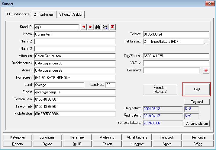 Kundregistret I kundregistret kan man skicka SMS direkt till kunden.