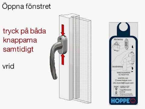 8 (10) Balkongdörrar och fönster Det finns barnsäkerhetsspärr på balkongdörrar och fönster Öppning sker genom att trycka på knapp på över och undersida innan handtaget öppnas.