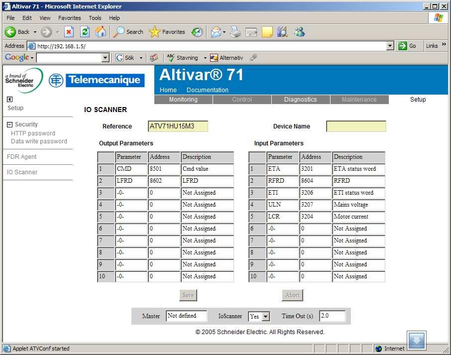 5.1.3 Adressering 5.1.3.1 Hemsidan På hemsidan under I/O-scan, via Powersuite eller direkt på frekvensomformaren (Meny 1.9) ställer man in: I/O-scan till / från.