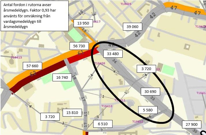 3.4 Trafik Använda trafikflöden i området vid Solna Centrum är hämtade från en trafikprognos för år 2030 framtagen av WSP.