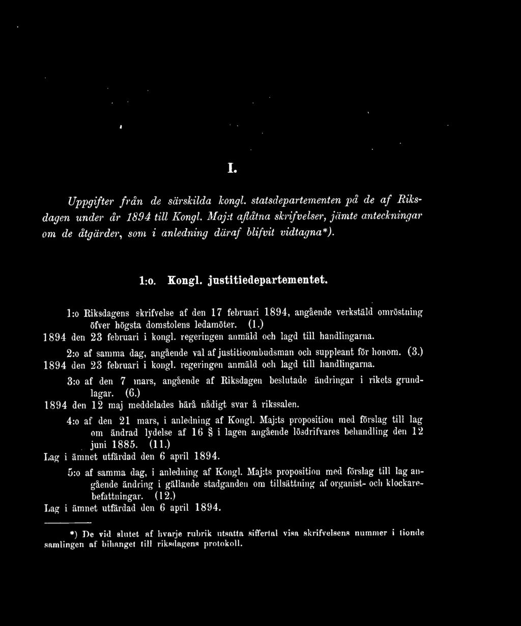 l:o Riksdagens skrifvelse af den 17 februari 1894, angående verkstäld omröstning öfver högsta domstolens ledamöter. (1.) 1894 den 23 februari i kongl. regeringen anmäld och lagd till handlingarna.