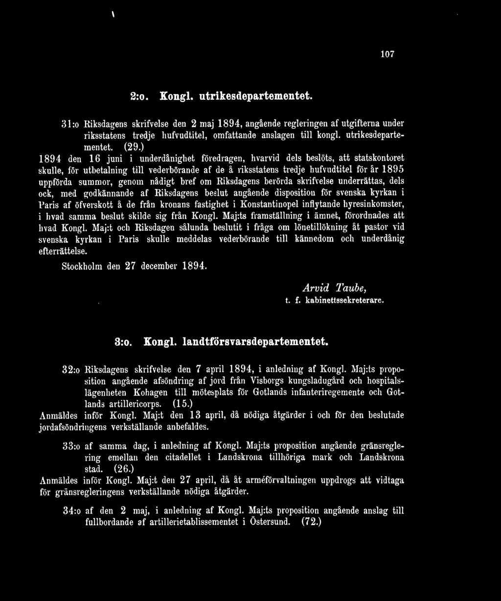 ) 1894 den 16 juni i underdånighet föredragen, hvarvid dels beslöts, att statskontoret skulle, för utbetalning till vederbörande af de å riksstatens tredje hufvudtitel för år 1895 uppförda summor,