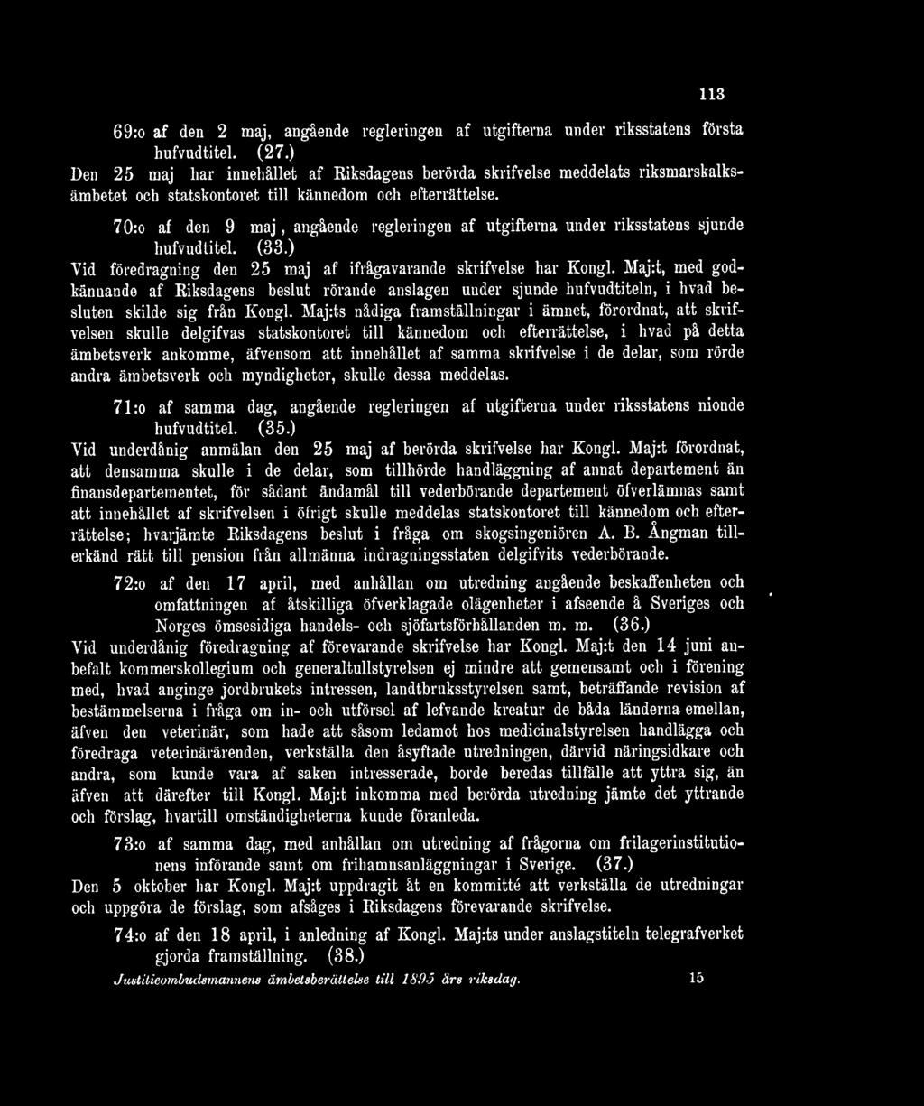 70:o af den 9 maj, angående regleringen af utgifterna under riksstatens sjunde hufvudtitel. (33.) Vid föredragning den 25 maj af ifrågavarande skrifvelse har Kongl.