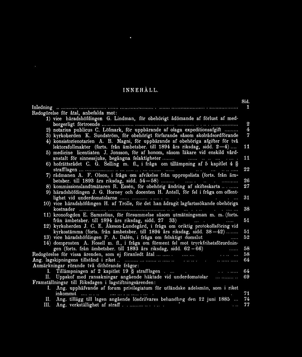 Magni, för uppbärande af obehöriga afgifter för två lektorsfullmakter (forts, från ämbetsber. till 1894 års riksdag, sidd. 2 4)... 11 5) medicine licentiaten J.