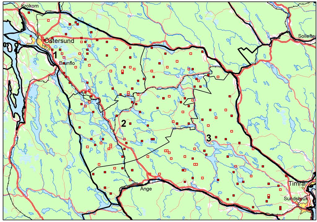 a. hur många ungträd som finns i hela området och hur stor andel av dessa som har skador orsakade av vilt. De fyllda rutorna innehåller bestånd som har inventerats.