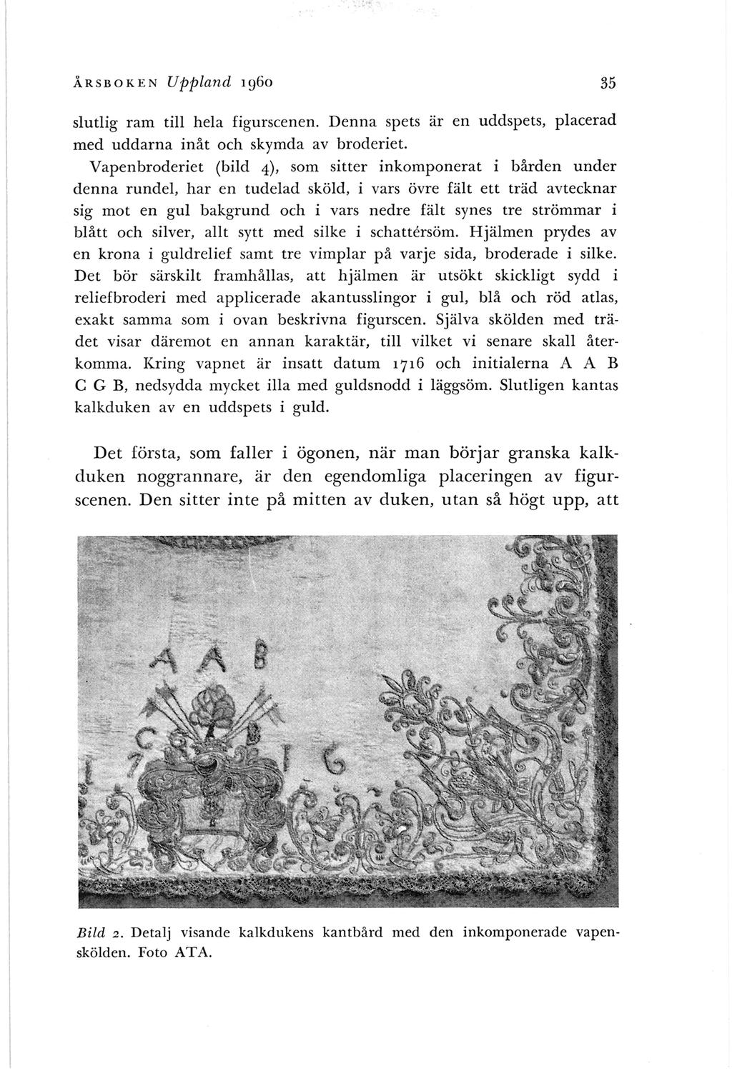 ÅRSBOKEN Uppland 1960 35 slutlig ram till hela figurscenen. Denna spets är en uddspets, placerad med uddarna inåt och skymda av broderiet.