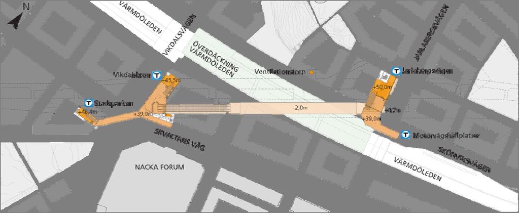 överdäckning, stadspark och bussterminal samt en vid Jarlabergsvägen/ Skönviksvägen i öster med entréer mot Jarlabergsvägen och kommande