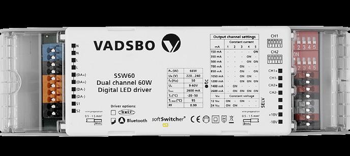 Drivdon SSW60 SSW60WCM SSW60DALI Med sina 32 förinställda inställningar kan den svenskutvecklade SoftSwitchern SSW60 styra/driva marknadens alla LED-armaturer och LED-lister.