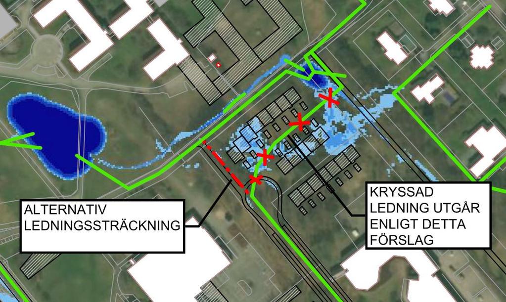 2.4 Alternativ ledningssträckning Figur 9 visar en alternativ sträckning för dagvattenledningen strax söder om de planerade radhusen.