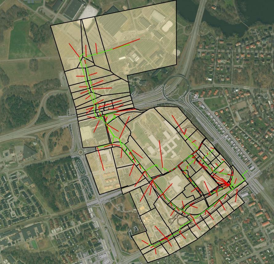 Figur 10 Delavrinningsområden inom Sandtorp För att räkna ut avrinningskoefficienter för de olika delavrinningsområdena har fastighetsgränser, väglinjer och andra linjer som definierar olika markslag
