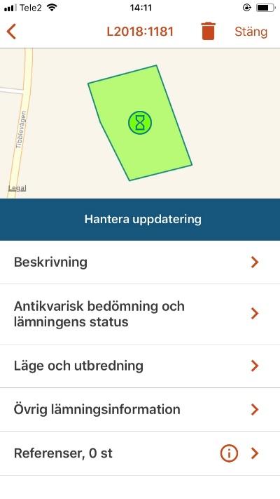 3.7.1 Synkronisera alla ändringar Högst uppe i vyn Lämningar finns menyvalet Synkronisera alla lämningar i blått.