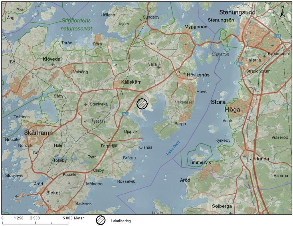 3 OMRÅDESBESKRIVNING Figur 3.1 Översiktlig bild av planerad lokalisering väster om hamnområdet i Wallhamn.