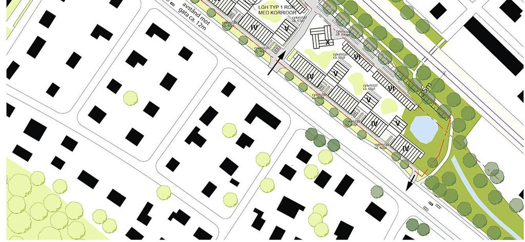 Mellan de två längorna föreslås ett tiovåningshus som markerar bebyggelsen i områdets sydöstra del. Även mot Bromstensvägen föreslås två långa byggnadsvolymer i fyra våningar som bullerskydd.