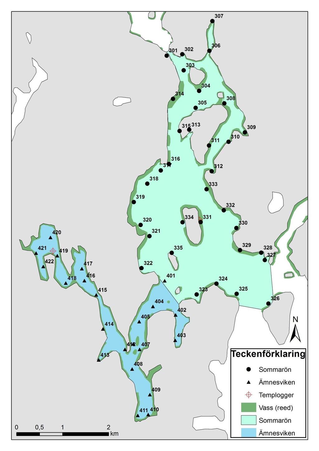 6 Figur 3. Provtagningspunkterna, vassutbredningen samt temploggernas placering runt Sommarön (301-335) och Ämnesviken (401-422). Det färglagda områden anger provtagningsområdets gränser.