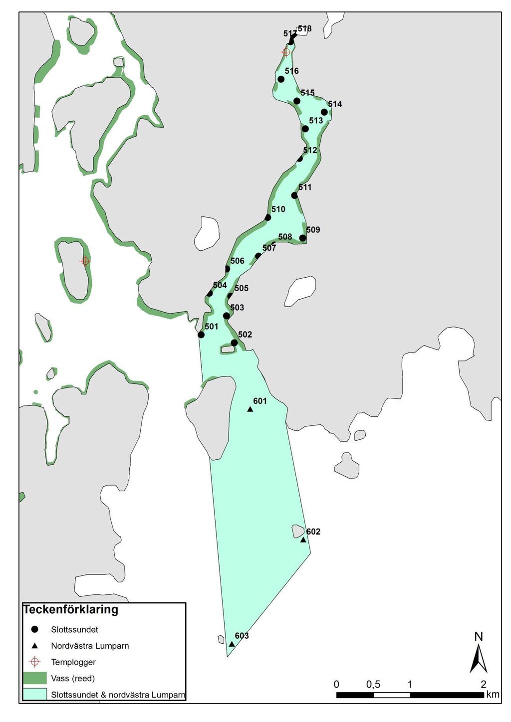 7 Figur 4. Provtagningspunkterna, vassutbredningen samt temploggerns placering i Slottssundet (501-518) och nordvästra Lumparn (601-603). Det färglagda området anger provtagningsområdets gränser.