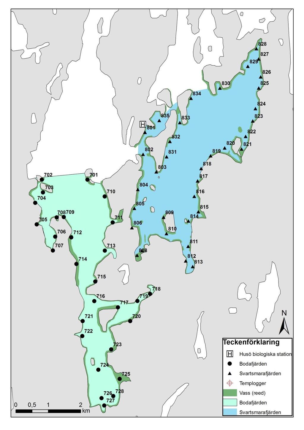 8 Figur 5. Provtagningspunkterna, vassutbredningen samt temploggernas placering i Bodafjärden (701-727) och Svartsmarafjärden (801-835). Det färglagda områden anger provtagningsområdets gränser.