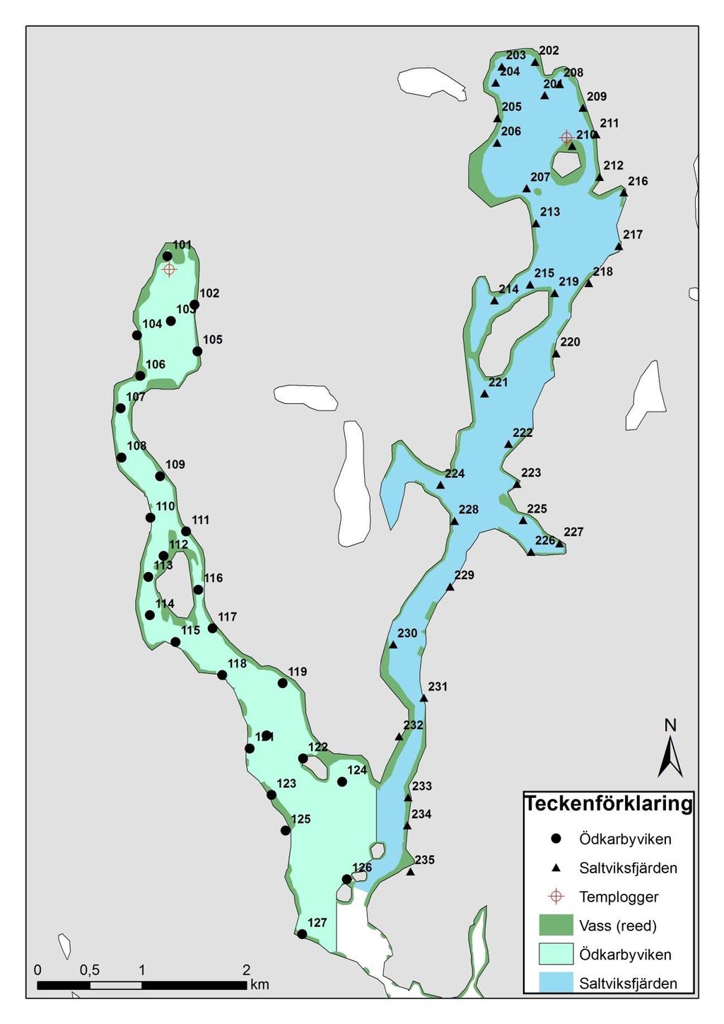 5 Figur 2. Provtagningspunkterna, vassutbredningen samt temploggernas placering i Ödkarbyviken (101-127) och Saltviksfjärden (201-235). Det färglagda områden anger provtagningsområdets gränser.