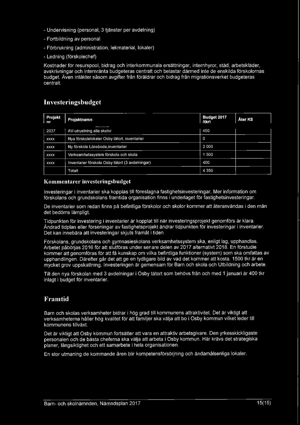 - Undervisning (personal, 3 tjänster per avdelning) - Fortbildning av personal - Förbrukning (administration, lekmaterial, lokaler) - Ledning (förskolechef) Kostnader för resurspool, bidrag och