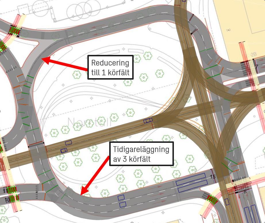 gjordes var att tidigarelägga 3 körfält i södra delen av rondellen ner mot Kungsgatan. Figur 24 visar modifikationerna som gjordes i UA2.