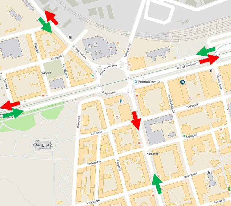 Stockholmsvägen Korsning Bergslagsgatan Korsning Bergslagsgatan Figur 43 visar start- och slutpositionerna givna i tabell 14. Gröna pilar visar startpositionerna och röda pilar visar slutpositionerna.