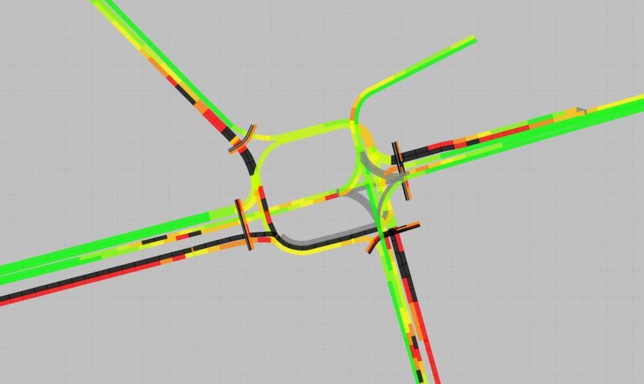 Figur 49 - Medelhastigheter UA2 Trafikmängder baserade på Nollalternativ 2035 Som visas i figur 49 är hastigheterna väldigt låga på Kungsgatan.