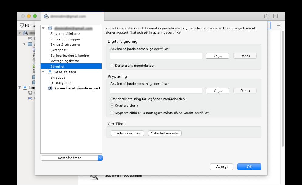 3. Välj de signerings-, autentiserings- och krypteringscertifikat du använder. 4. Klicka på OK.