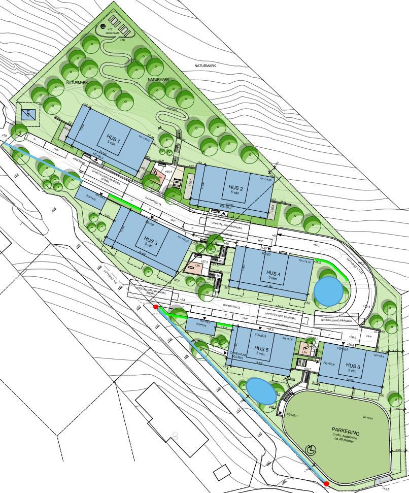 5.4 PLACERING AV FÖRESLAGNA ANLÄGGNINGAR Föreslagen placering av dagvattenanläggningarna är baserade på hur flödesvägar ser ut, var i området anläggningarna får plats samt att de ligger i anslutning