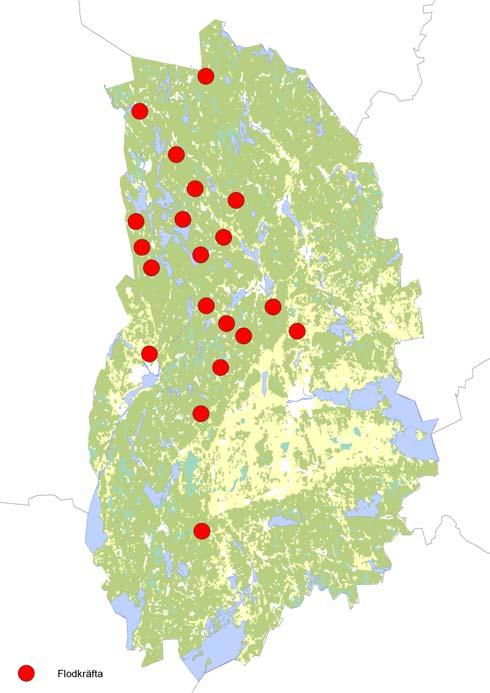 Fig 2. Förekomst av flodkräfta i Örebro län 2005. Med hänsyn till flodkräftans skyddsvärde är punkternas placering endast ungefärliga.