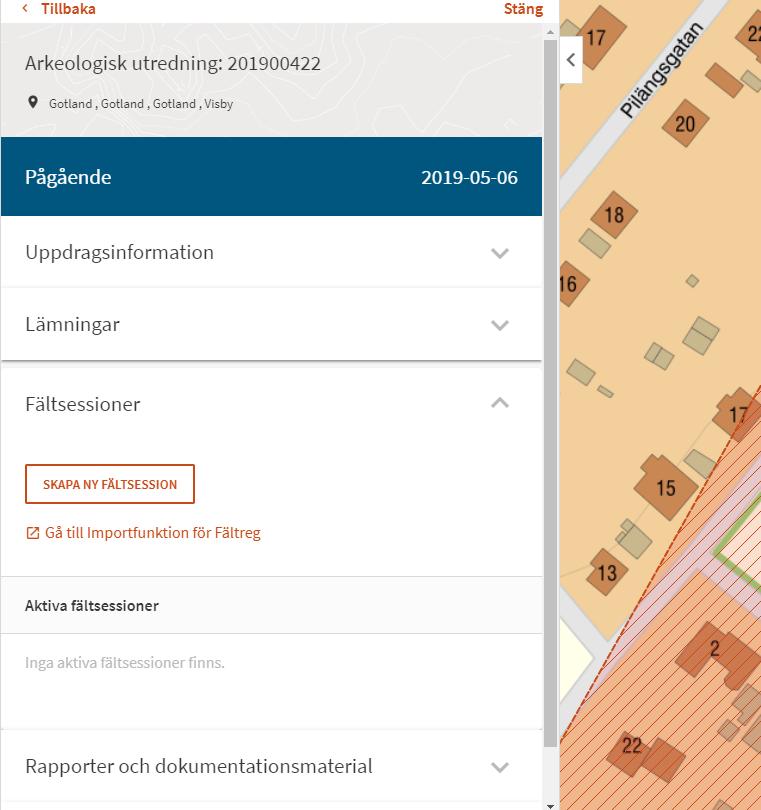 Som länsstyrelsehandläggare kan du se vilka fältsessioner som finns på ett uppdrag, men du kan inte se den lämningsinformation som skapas i Fältreg så länge informationen finns i fältsessionen.