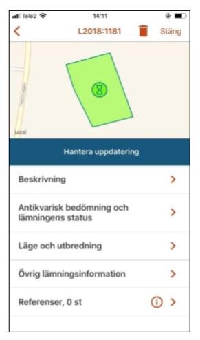 3.7.2 Synkronisera enskild lämning Genom att gå in på en enskild lämningsvy kan du hantera lämningens ändringar separat.