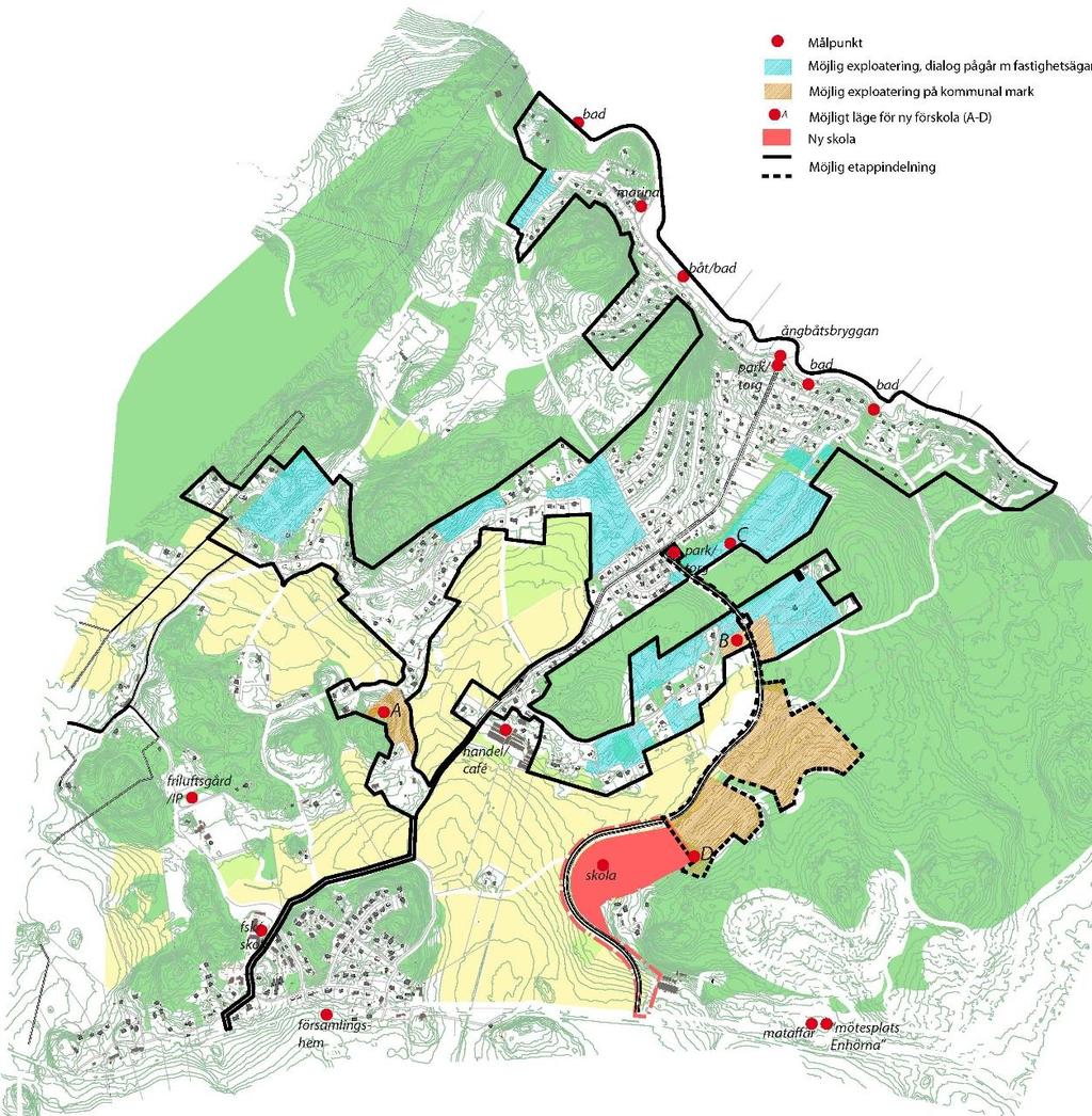 Figur 1. Skiss för möjlig utveckling i Sandvikenområdet. Samtliga alternativ skapar förutsättningar för ökad trafiksäkerhet på Sandviksvägen och för framdragandet av allmänt VA.