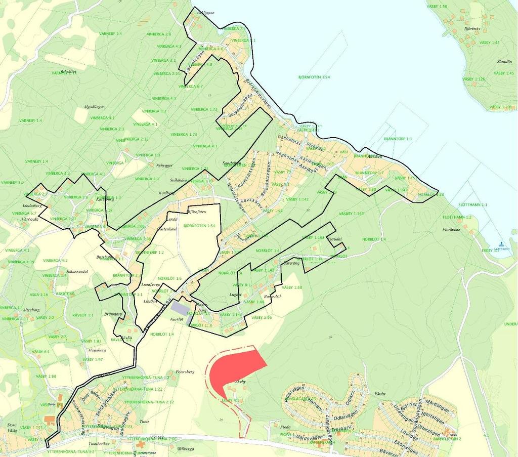 Med svart avgränsningslinje illustreras områden där nya detaljplaner tas fram för fastigheter som ligger utanför gällande plan och där allmänt VA-system ska anläggas.