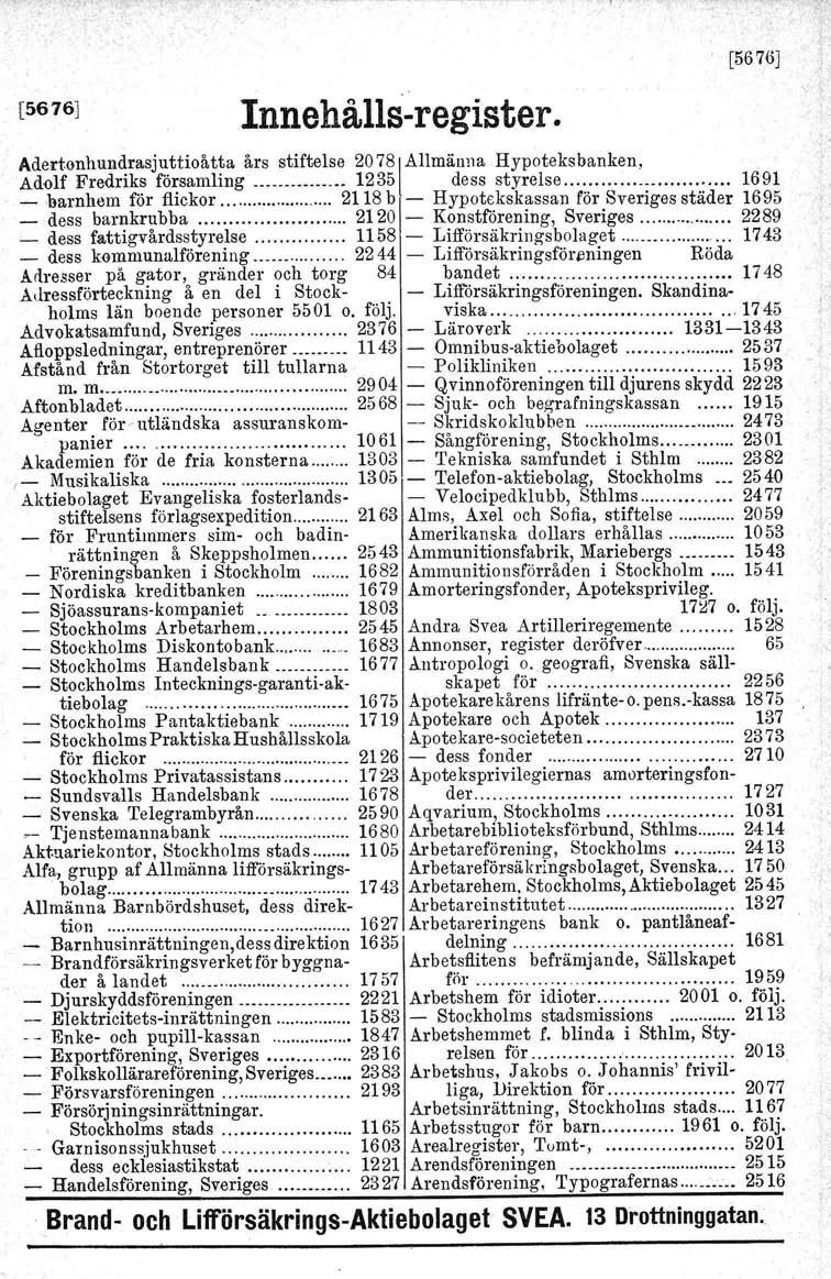 [5676J [5676] Innehålls- register. Adertonhundrasjuttioåtta års stiftelse 2078tAllmänna Hypoteksbanken, Adolf Fredrik.~ fö~samling.