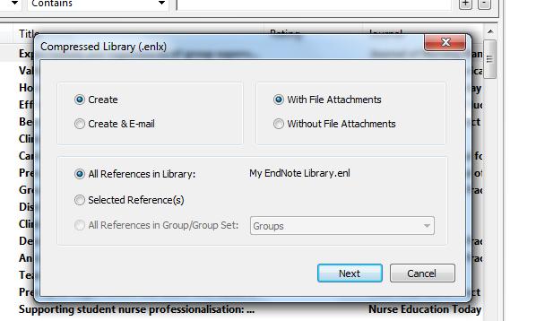 16 15. Spara ditt EndNote-bibliotek För att spara ditt EndNote-bibliotek gå till rubriken File Compressed Library (.enlx) En dialogruta dyker upp.