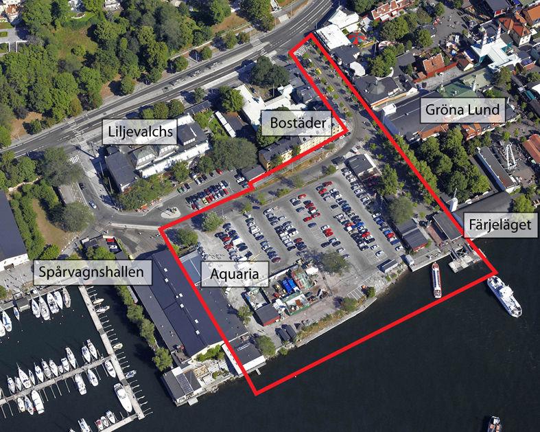 6 (16) S-Dp 1999-05636-54 Befintliga förhållanden, röd linje markerar planområdet Vid Allmänna Gränds färjeläge ligger Waxholmsbolagets biljettkur
