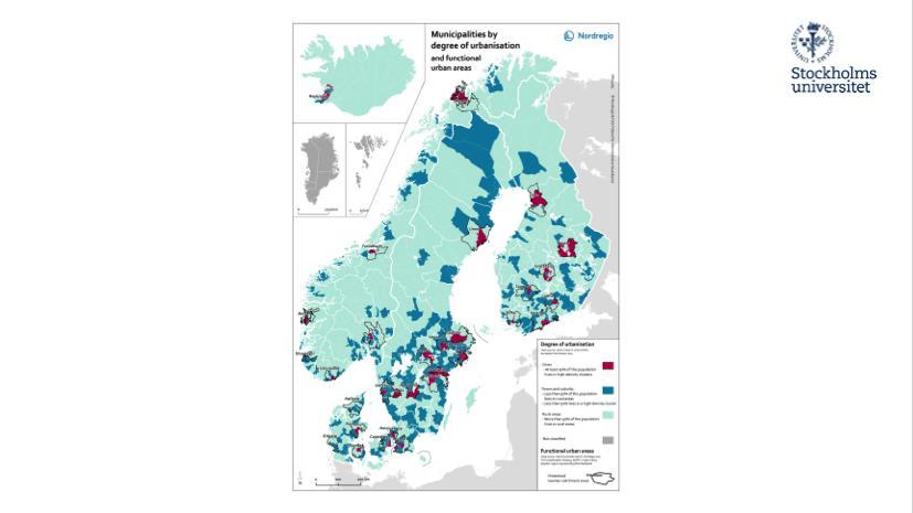 Degree of urbanisation är ett europeiskt mått på hur många som bor i tätorter i jämförelse med hela kommunen. Mönstret blir annorlunda. I de röda områdena bor fler i stad än i urbana områdena.