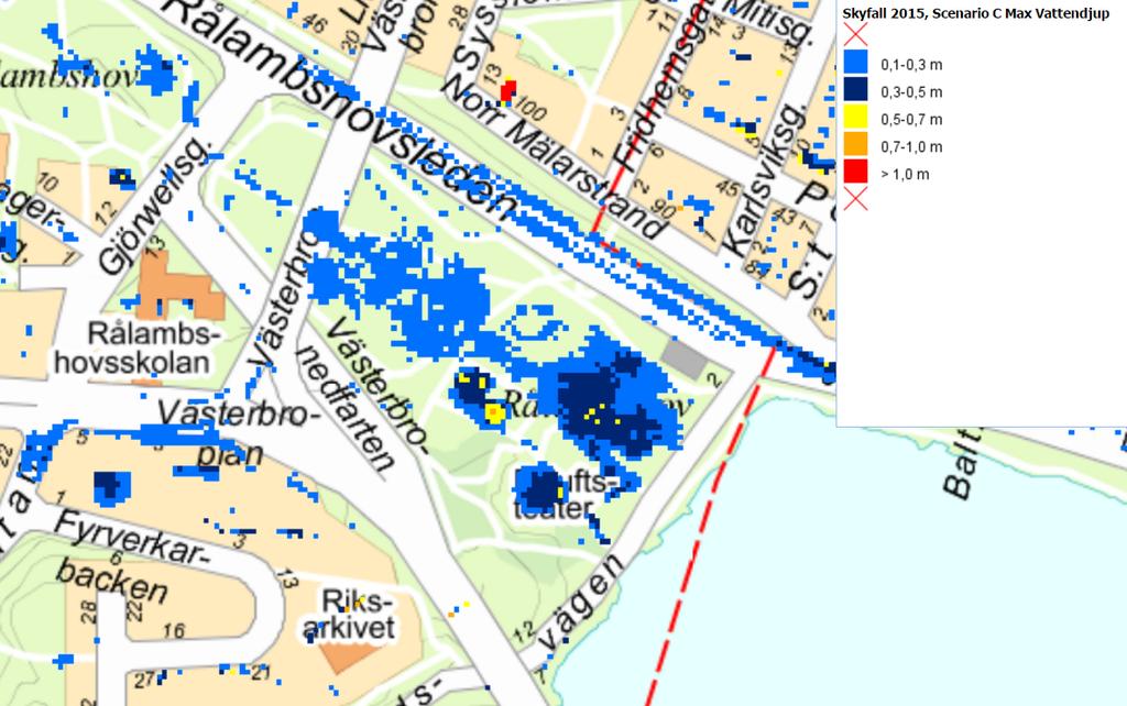 Figur 2. Skyfall scenario C, 100-årsregn. Kartan visar det maximala vattendjupet av vattnet som ansamlats i parken, kartan är hämtad från Stockholm stads webbplats Öppna data - Dataportalen.