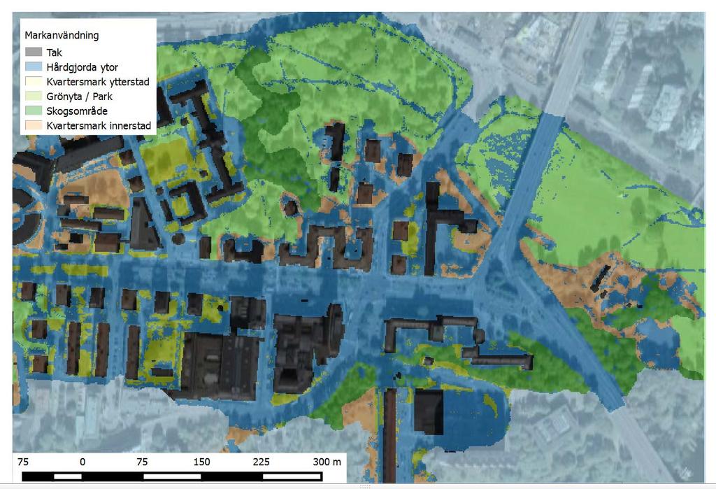 Figur 4. Klassning av markanvändning för skyfallsmodellering. Indata från Stockholms stads Biotopkarta 2009 och hårdgörningsgrad framtagen av Stockholm Vatten och Avfall.